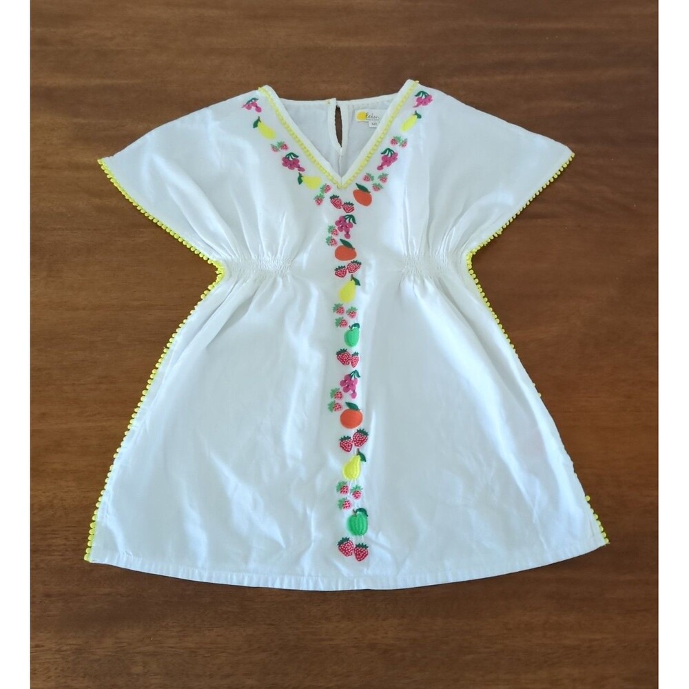 Mini Boden Girl's kaftan vibrant fruit embroidery yellow pom-pom trim size 5/6